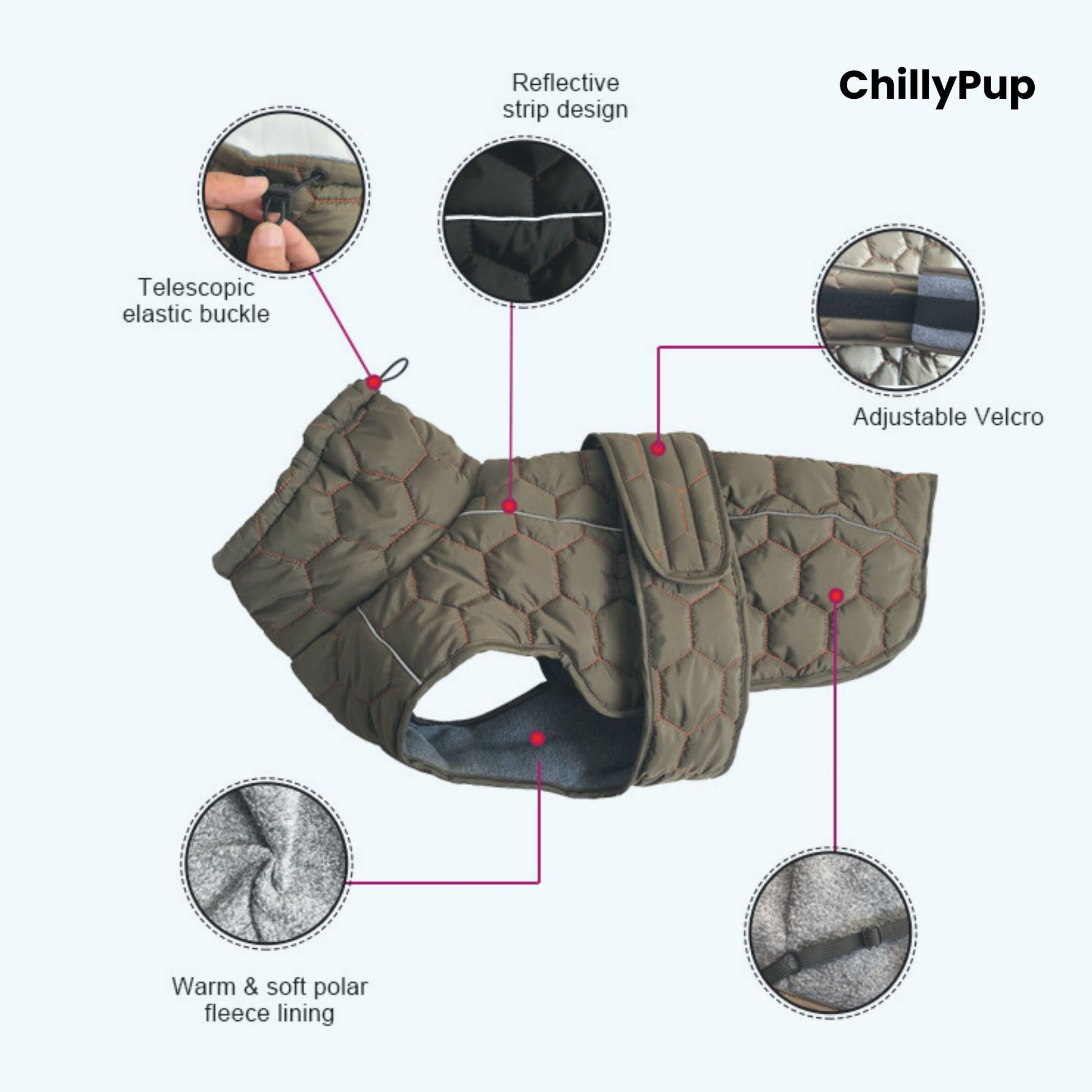 ColdSnap Quilted Dog Coat – Fleece-Lined Winter Jacket on a white background with Chillypup branding