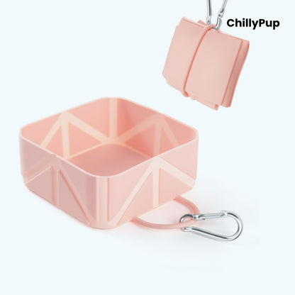 Pink foldable travel dog bowl with ChillyPup branding.