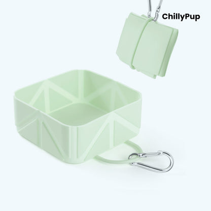 Green foldable travel dog bowl with ChillyPup branding.