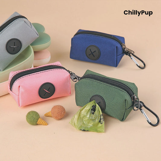 4 Poo Bag Holder with black zipper and carabiner on a beige background, featuring the brand 'ChillyPup'.