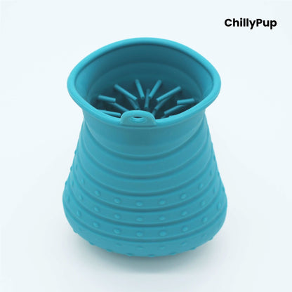 Blue silicone dog Paw cleaner with 'ChillyPup' branding on a white background