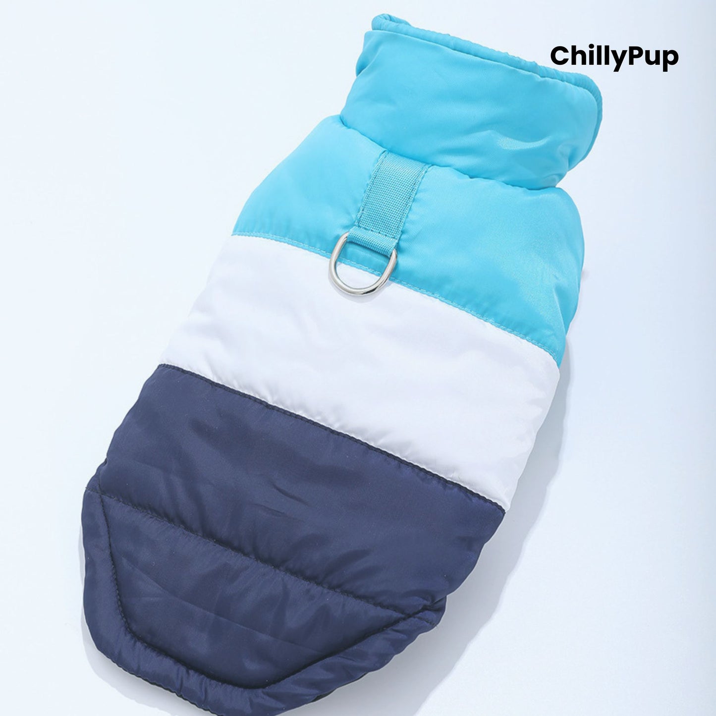 Dog coat with build in D rinf on a white background with Chillpup branding