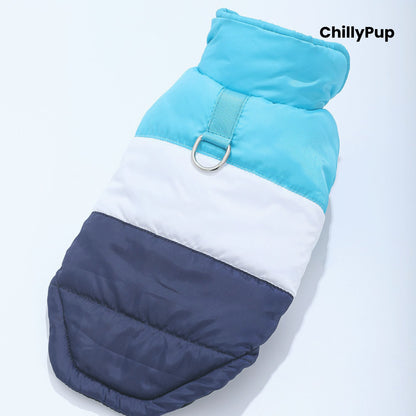 Dog coat with build in D rinf on a white background with Chillpup branding