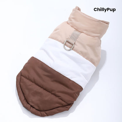 Dog coat with build in D rinf on a white background with Chillpup branding