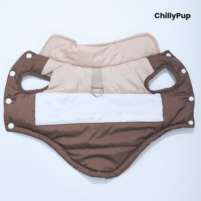 Dog coat with build in D rinf on a white background with Chillpup branding