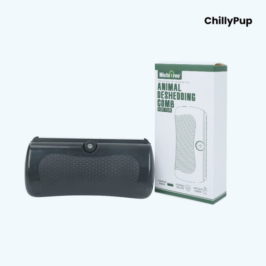 Deshedding comb and its packaging with 'ChillyPup' branding on a white background