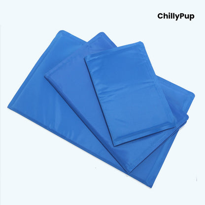 Blue dog cool mat with ChillyPup Branding.