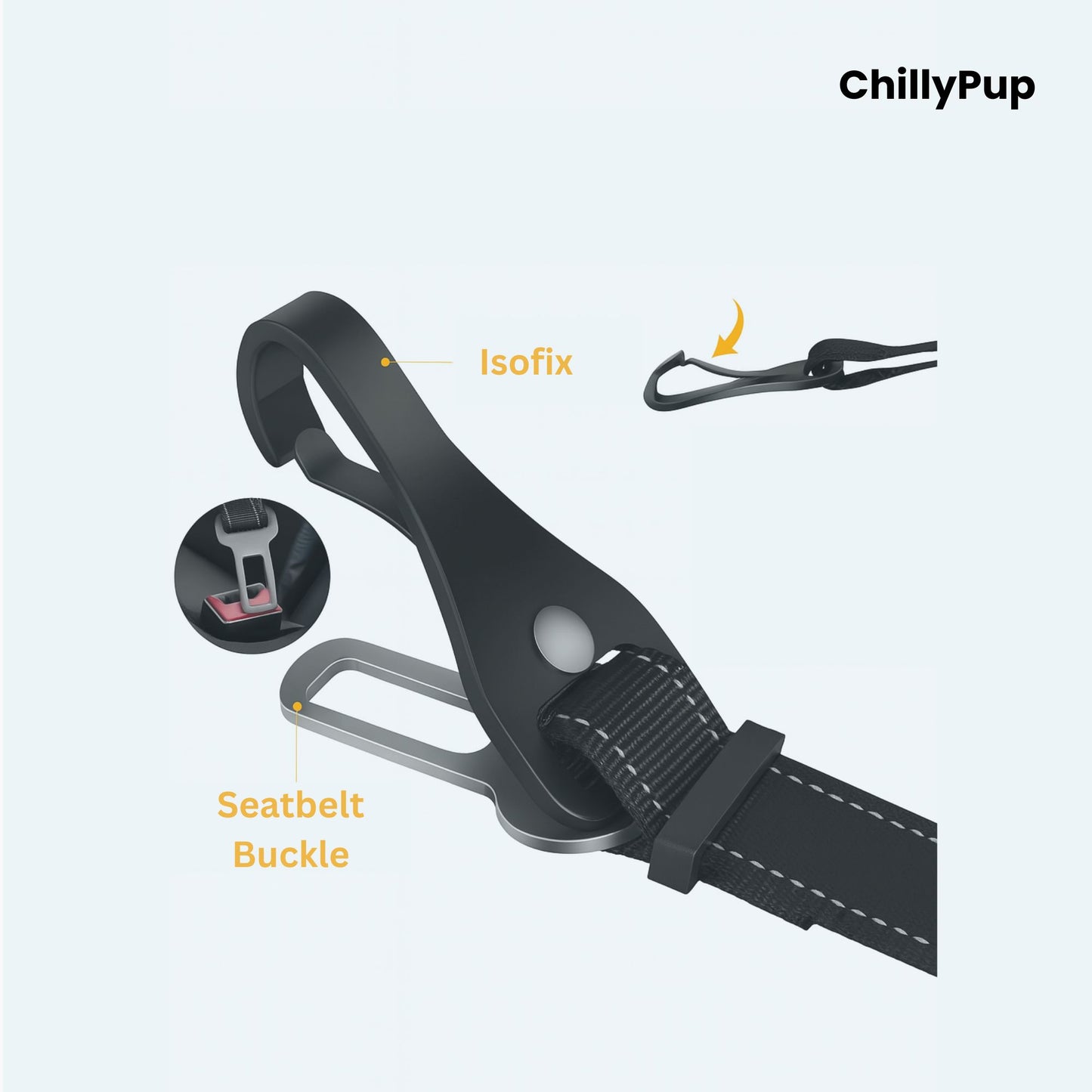 Dog Car Seat lead with with carabiner and clip on a white background with Chillypup branding'.