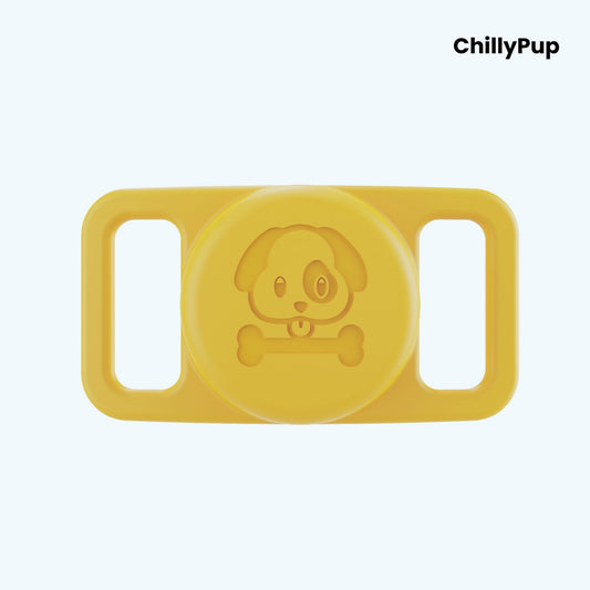 Yellow airtag holder for collar with 'ChillyPup' branding on a light purple background