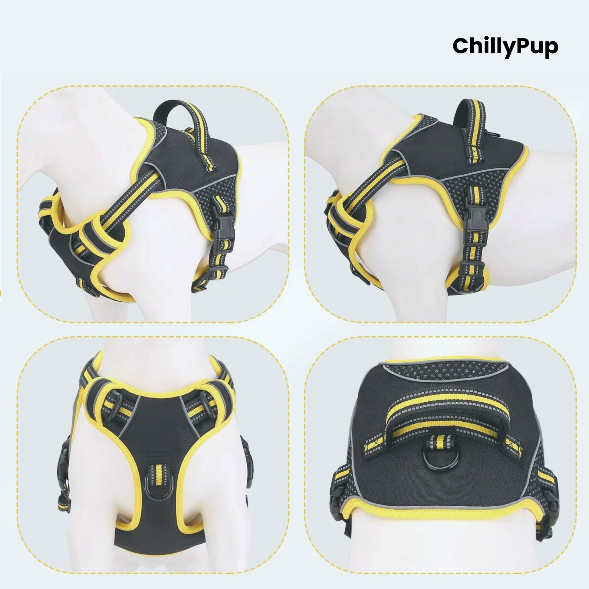 Black and yellow dog harness shown from multiple angles on a white background with 'ChillyPup' branding.