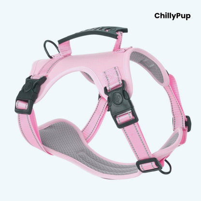 Pink dog harness with grey padding on a white background, branded 'ChillyPup'.