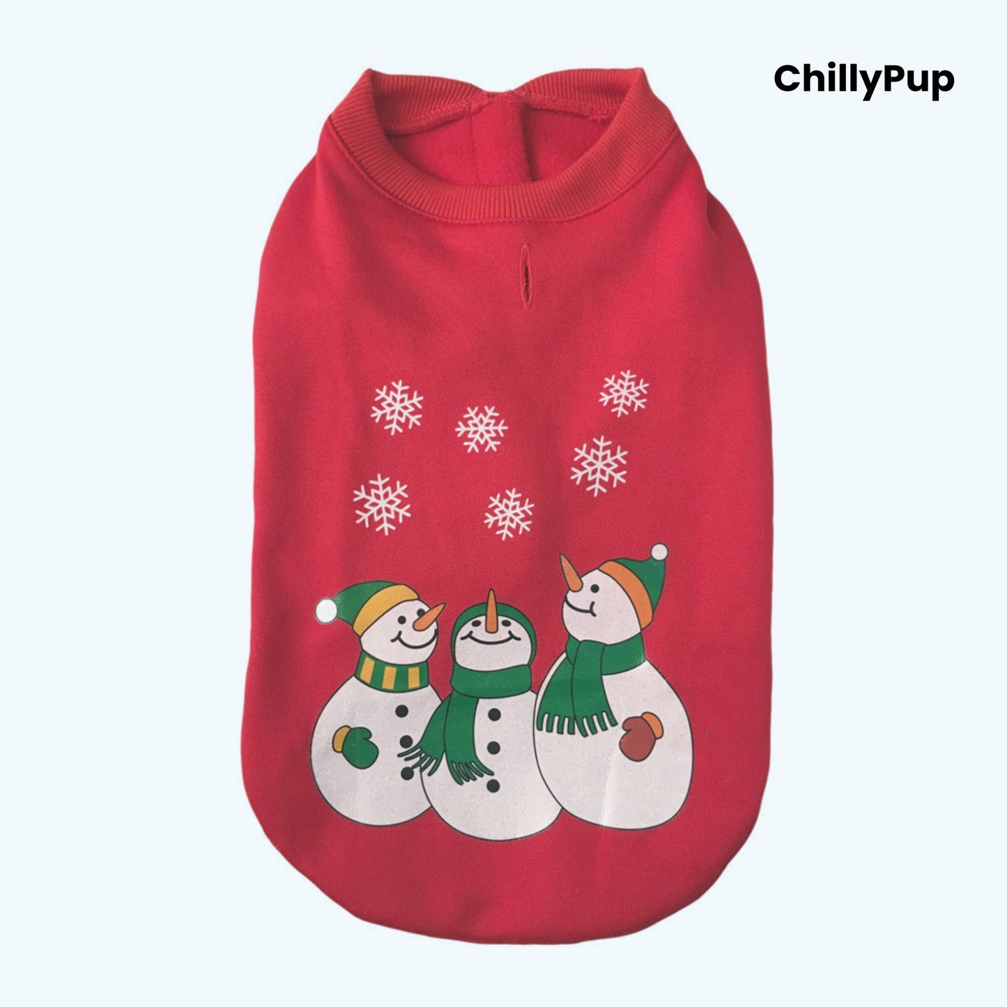 Red dog hoodie with snowman design and 'ChillyPup' branding on a white background
