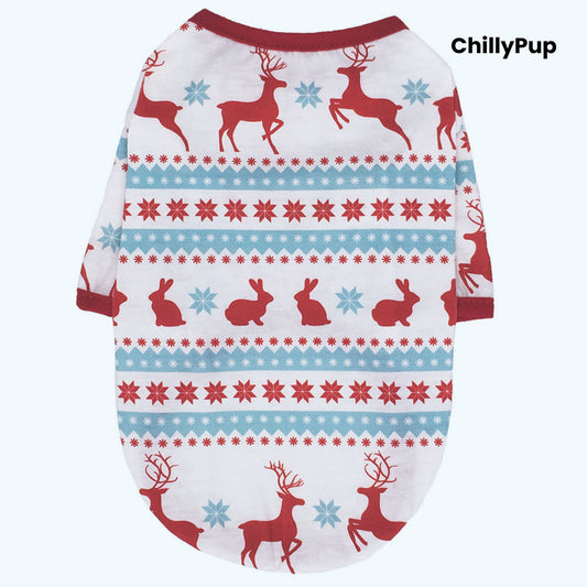 Dog Christmas thin jumper on a white background with Chillypup branding. 