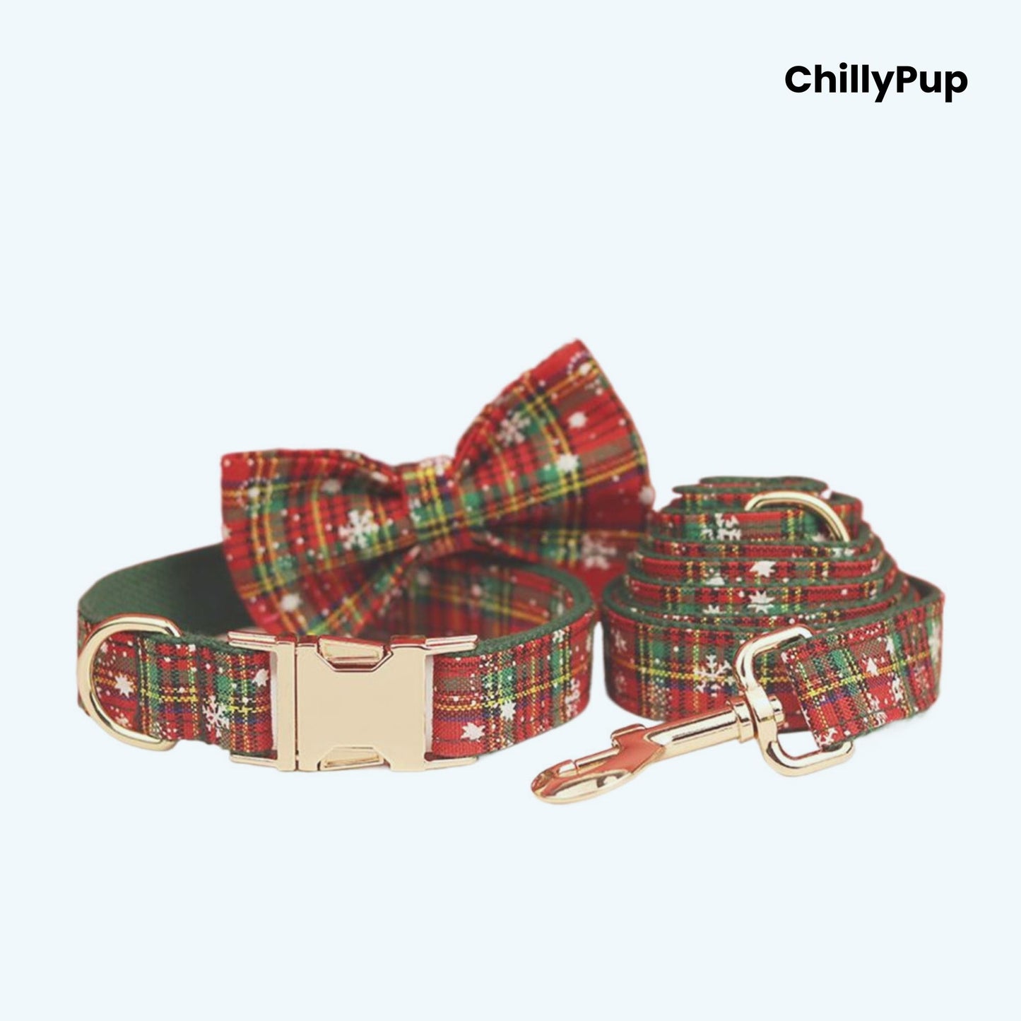 Festive Green harness and lead set with 'ChillyPup' branding on a white background