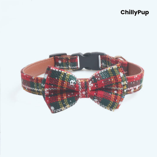 Dog collar with a red and green pattern and bow tie on a white background, branded 'ChillyPup'