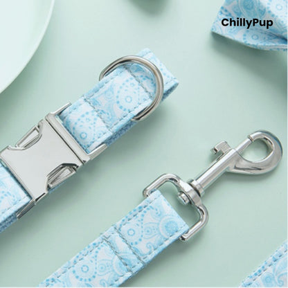 Dog collar and lead set with blue pattern on a light green background, branded 'ChillyPup'