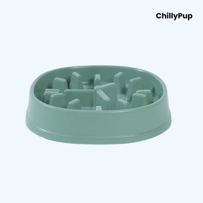 Pink dog bowl with raised rim on a white background, branded 'ChillyPup'.