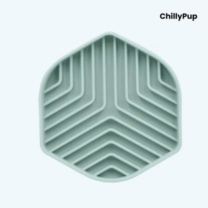 Hexagonal silicone mat with zigzag pattern on a light grey background, branded 'ChillyPup'.
