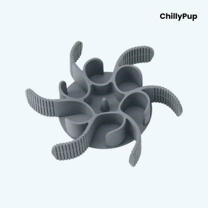Grey silicone dog bowl slow feeder on a white background, branded 'ChillyPup'
