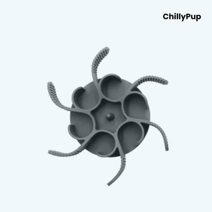 Grey silicone dog bowl slow feeder on a white background, branded 'ChillyPup'