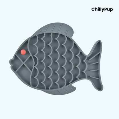 Grey fish-shaped pet lick mat with a red dot on a white background, branded 'ChillyPup'.