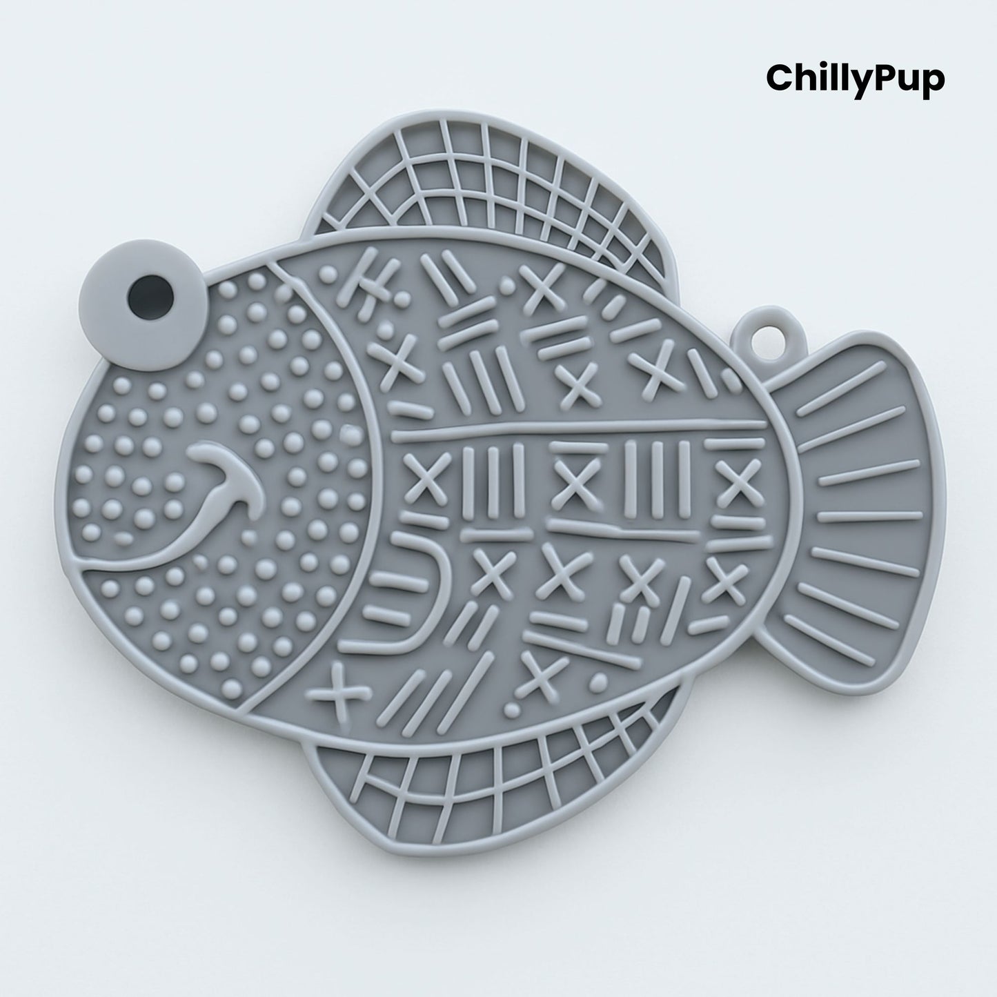 Grey fish-shaped dog lick pad on a white background, branded 'ChillyPup'.