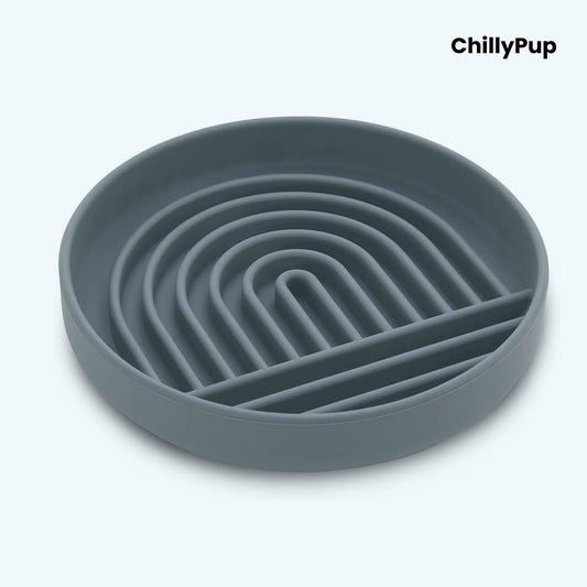 Grey silicone bowl with wavy design on a white background, branded 'ChillyPup'.