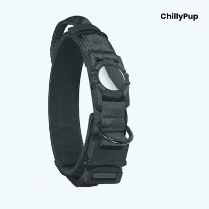 Black dog collar with adjustable buckle on a white background, branded 'ChillyPup'
