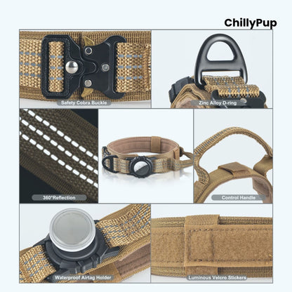 Collage of dog collar features with 'ChillyPup' branding