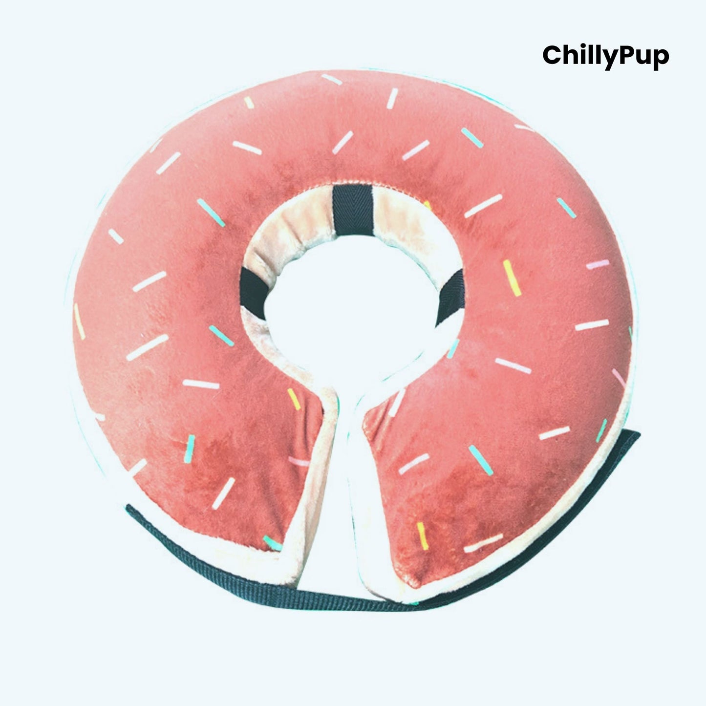 Doughnut-shaped pet cone with colourful sprinkles on a white background, branded 'ChillyPup'.