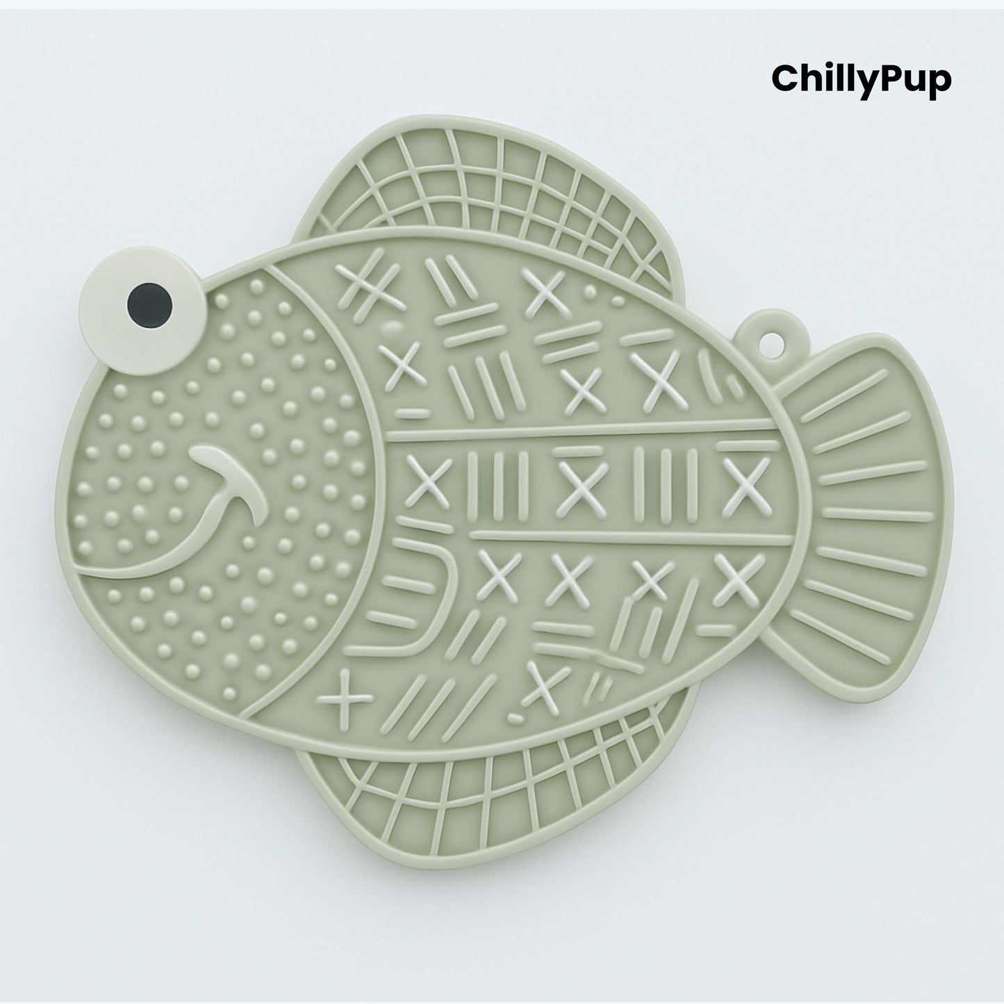 Light Green fish-shaped dog lick pad on a white background, branded 'ChillyPup'.