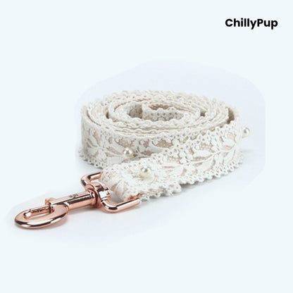 White lace dog lead with a rose gold clasp on a white background, branded 'ChillyPup'.