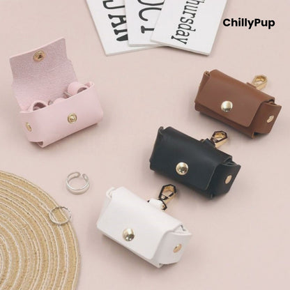Set of small leather ring holder pouches in various colours on a light pink background with 'ChillyPup' branding.