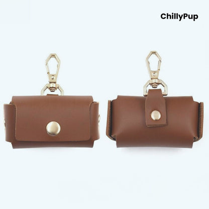 Two brown leather pouches with gold hardware on a white background, branded 'ChillyPup'.
