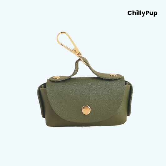 Green Luxury Leather Poo Bag Holder on a white background with ChillyPup branding.
