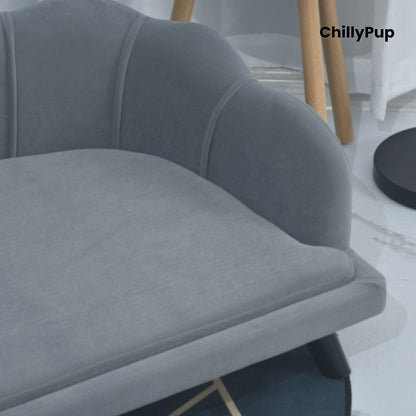 Grey pet bed with scalloped edges on a white background, branded 'ChillyPup'.