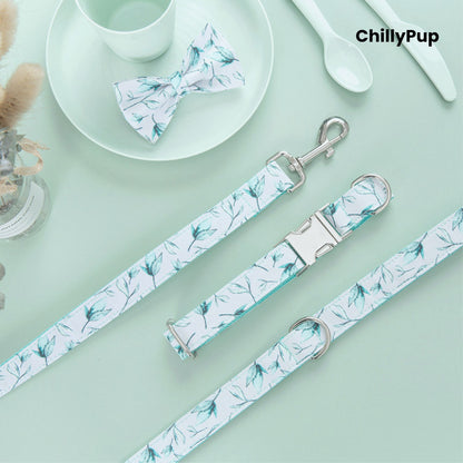 Dog collar, bow tie, and lead set with floral pattern on a white background, branded 'ChillyPup'.
