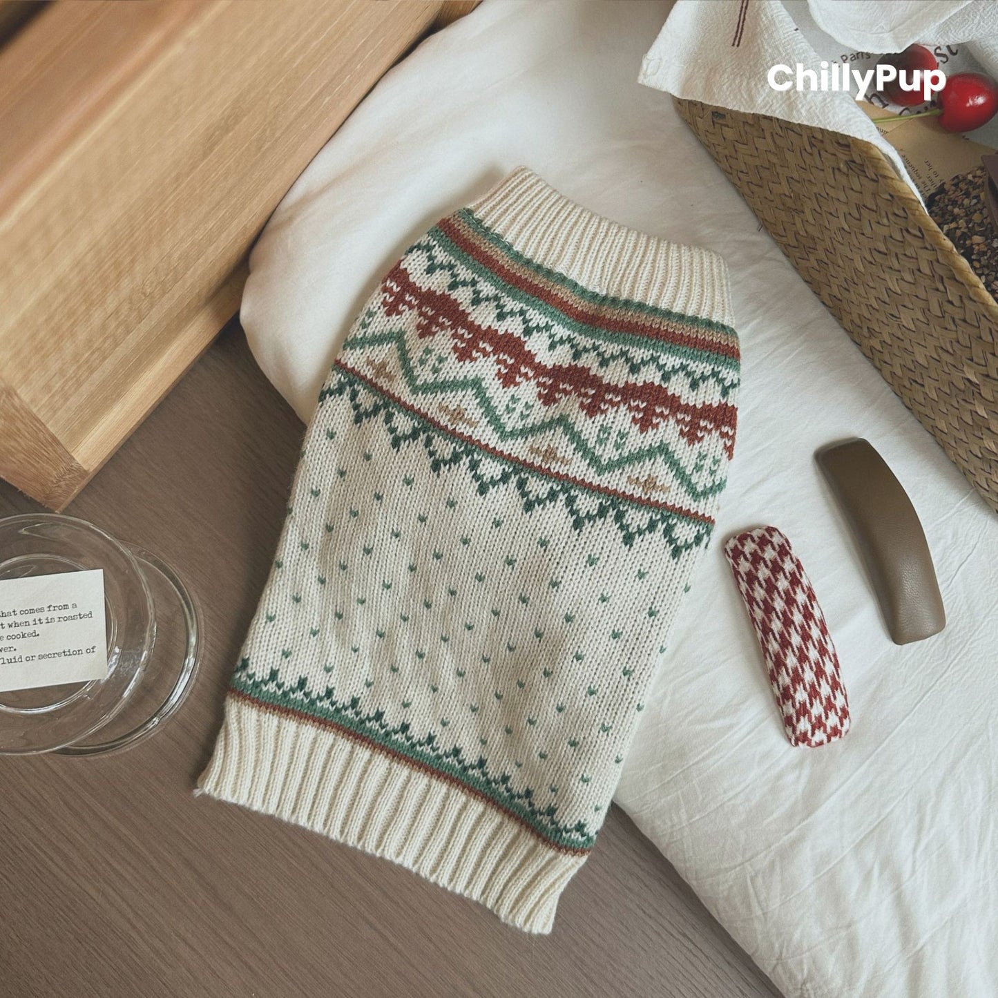 Nordic Winter Knit Dog Jumper – Cream & Forest Green with ChillyPup branding
