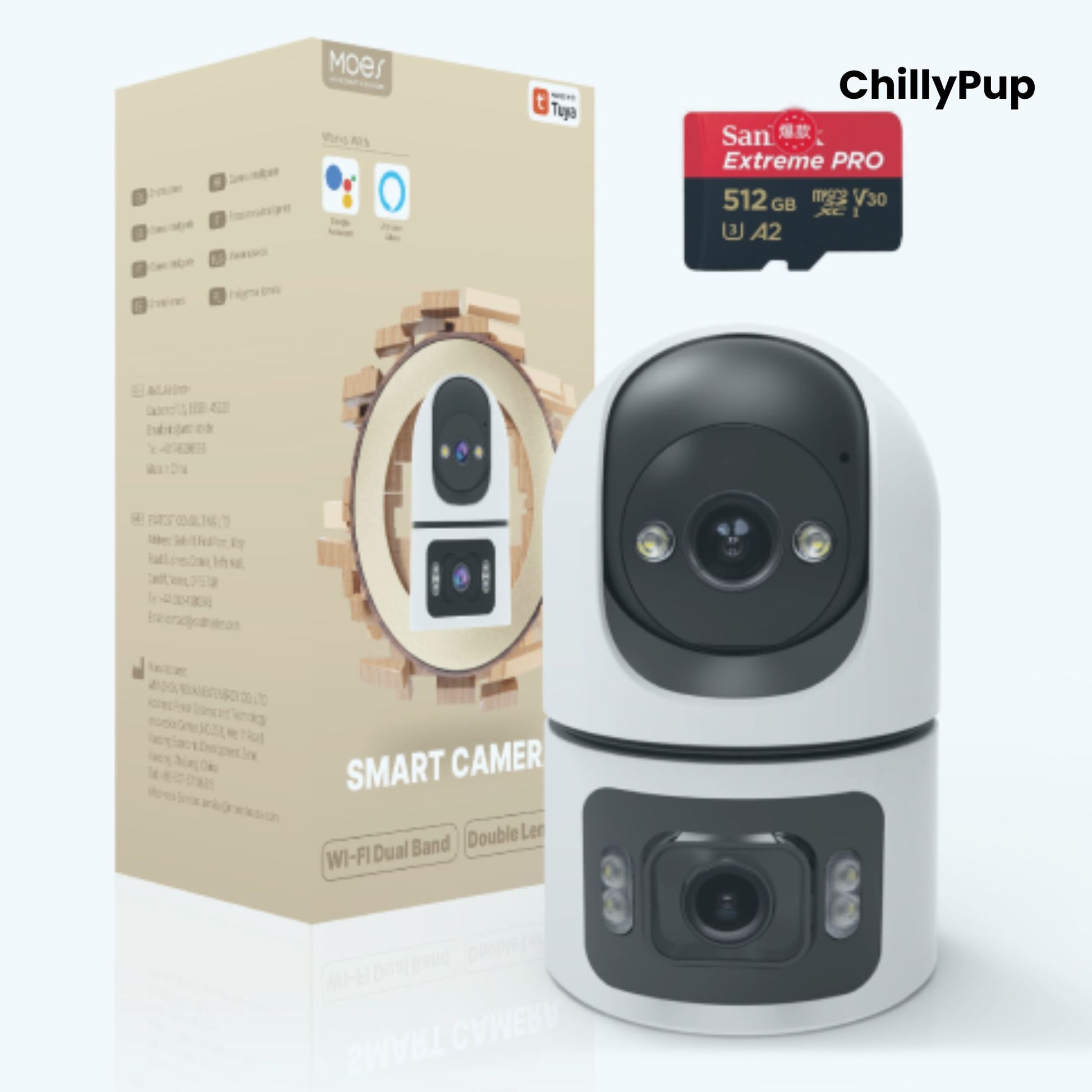 White and black security camera on a wooden shelf with a plant and decorative item in the background, branded 'ChillyPup'.