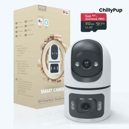 White and black security camera on a wooden shelf with a plant and decorative item in the background, branded 'ChillyPup'.