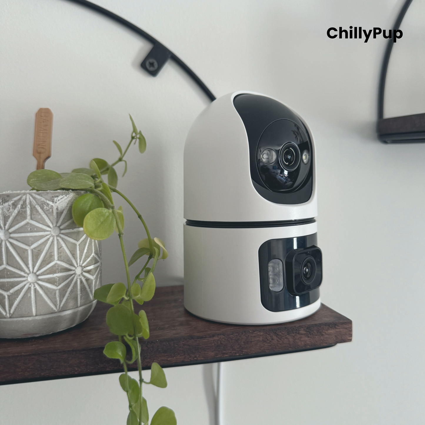 White and black security camera on a wooden shelf with a plant and decorative item in the background, branded 'ChillyPup'.