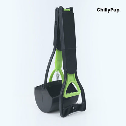 Green PawGrab Foldable Adjustable Dog Pooper Scooper branded on ChillyPup background
