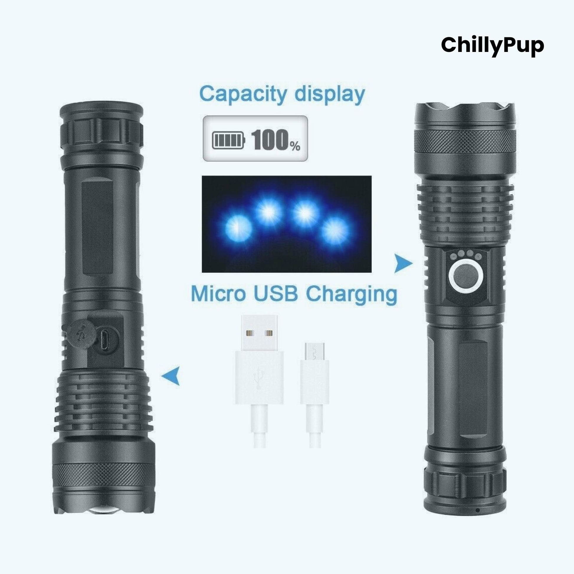 Black Torch with labelled features on a white background, branded 'ChillyPup'.