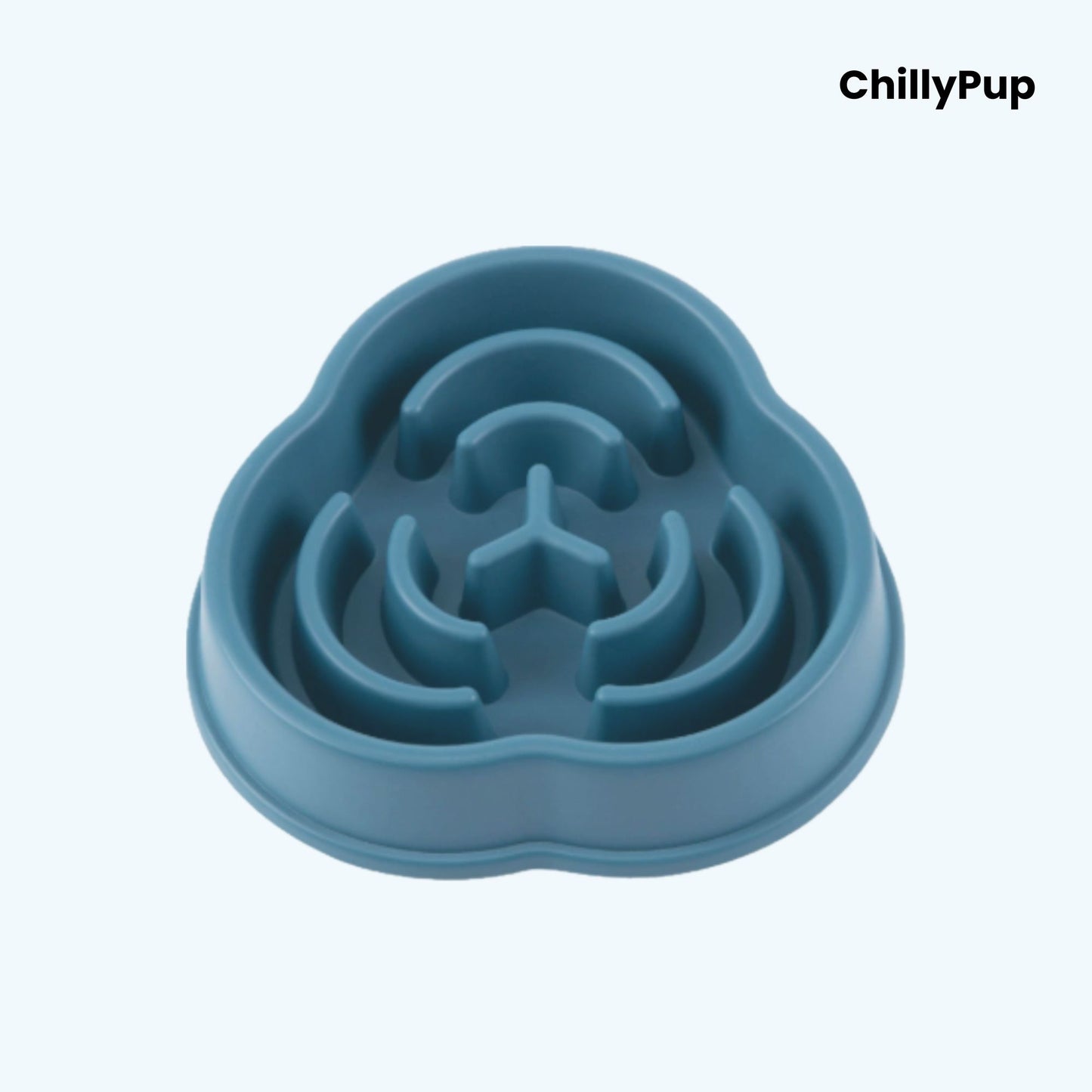 Blue silicone pet bowl with maze design on a light blue background, branded 'ChillyPup'.
