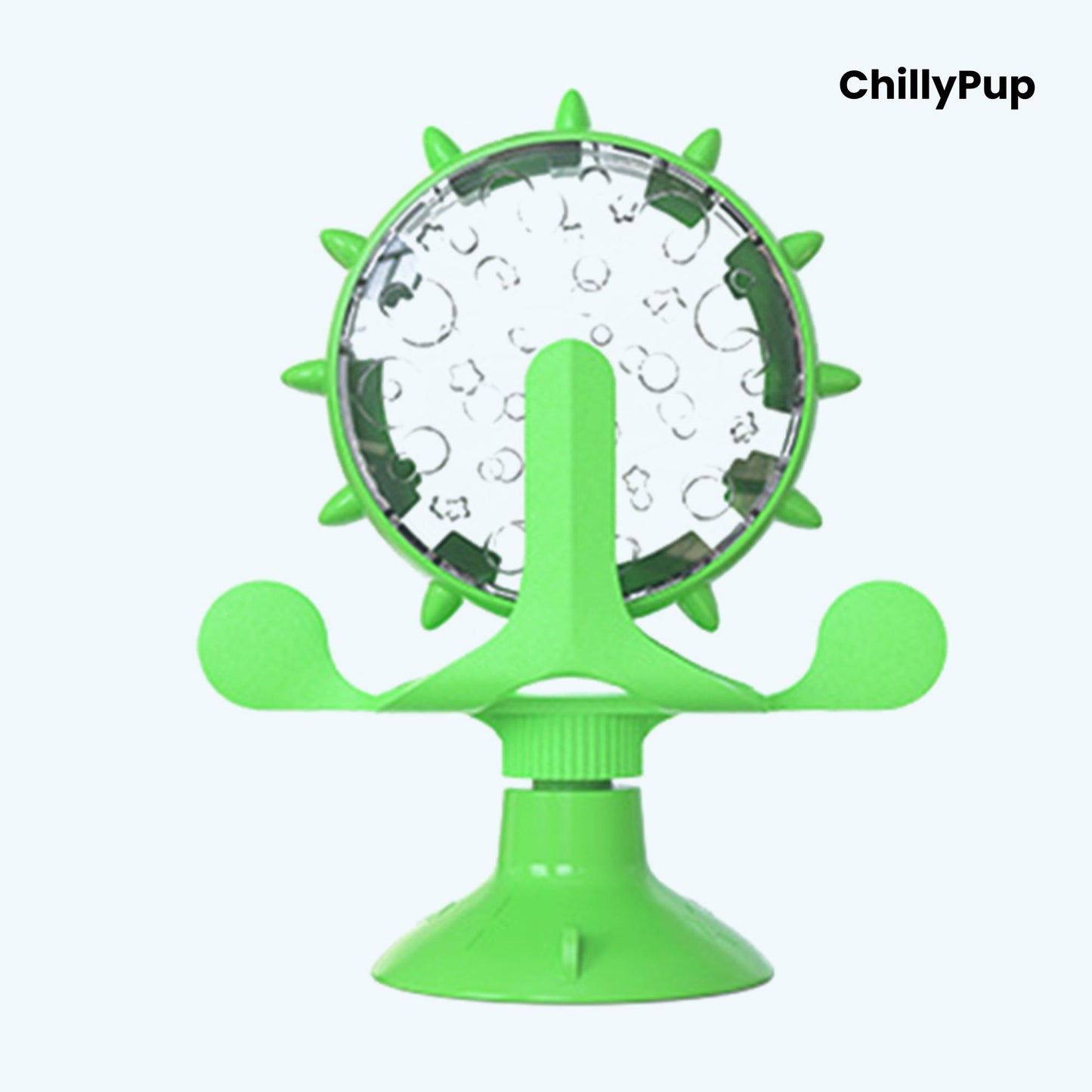 Green pet toy with suction cup on a white background, branded 'ChillyPup'.