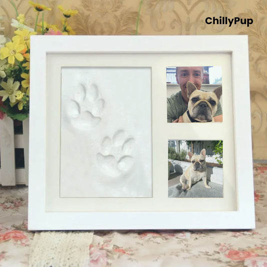 White photo frame with paw print and two pictures of a dog, on a floral surface with flowers in the background.
