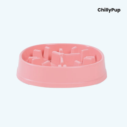 Pink dog bowl with raised rim on a white background, branded 'ChillyPup'.