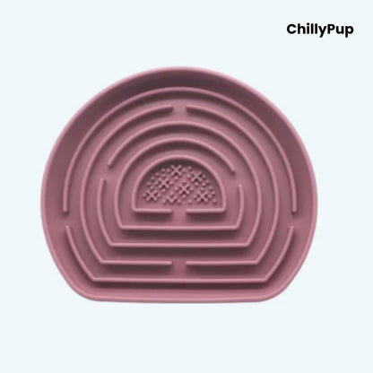 Pink pet bowl with maze design on a light purple background, branded 'ChillyPup'.