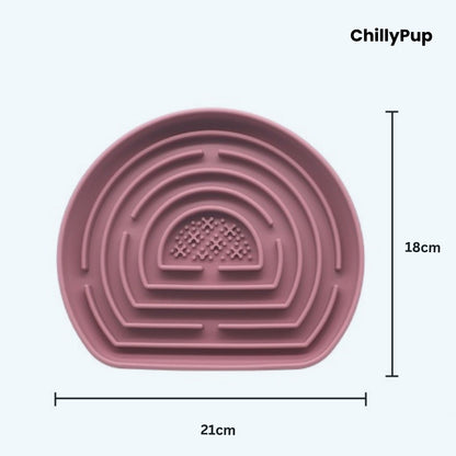 Pink pet bowl with maze design size on a light purple background, branded 'ChillyPup'.