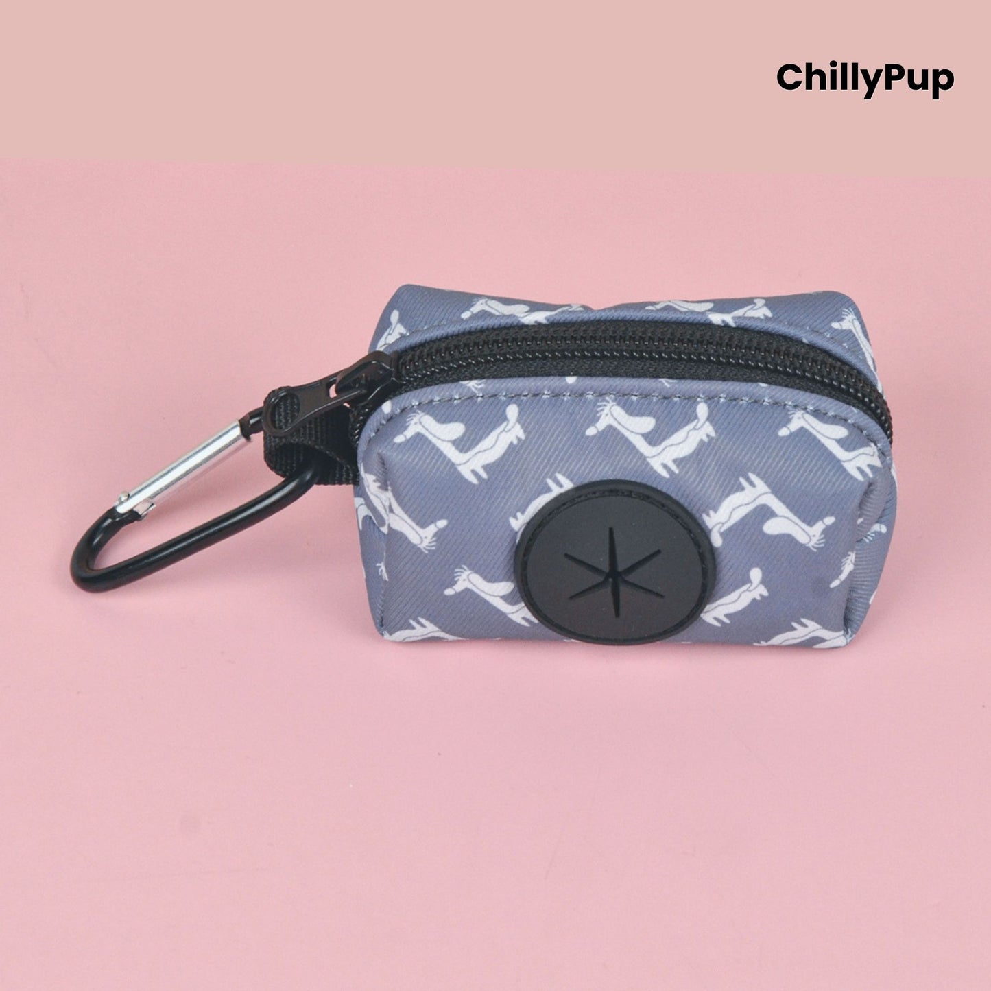 Poo bag holder on a colourful background with Chillypup branding